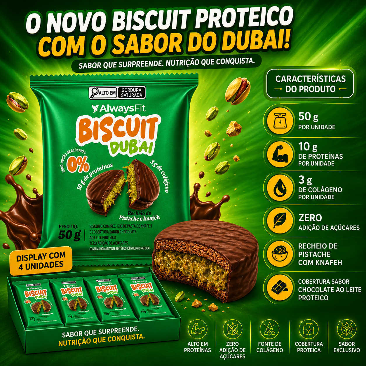 Display 4x Alfajor Biscuit Dubai Pistache + Knafeh – Snack Proteico Always Fit