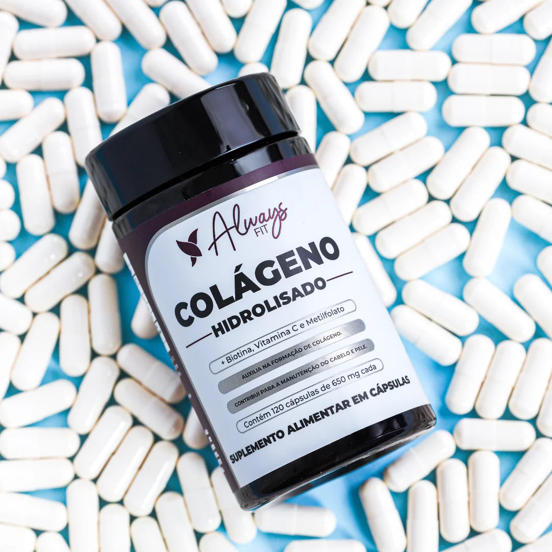 Colágeno Hidrolisado com Vitamina C, Biotina e Metilfolato — Suplemento alimentar em cápsulas