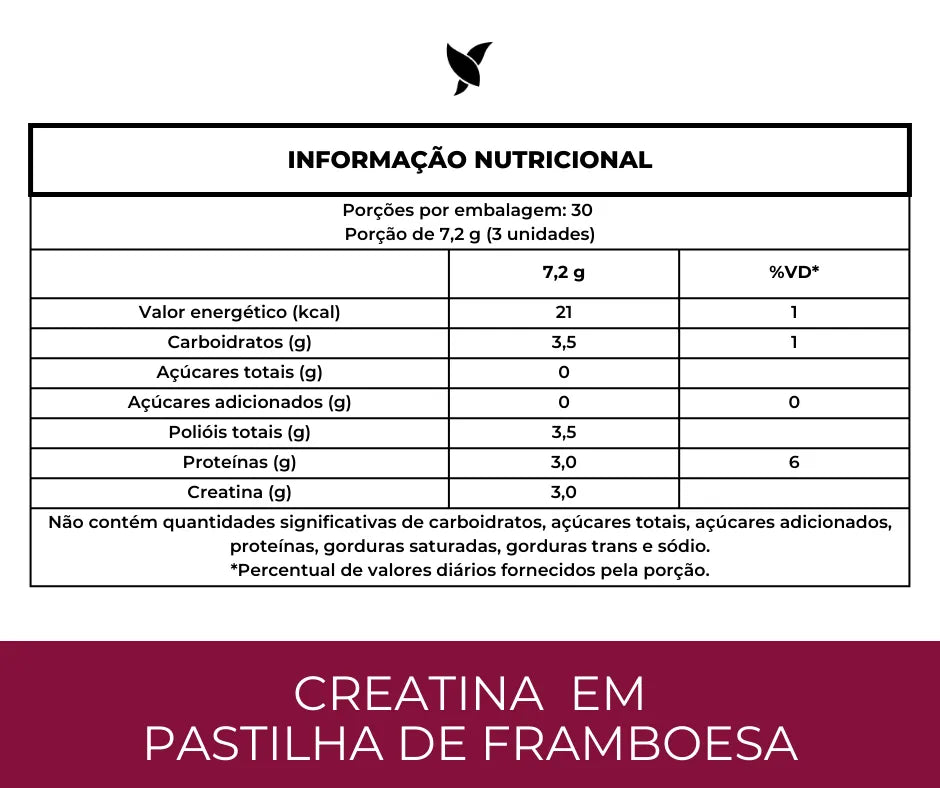Creatina em Pastilha — Suplemento alimentar mastigável (sabor framboesa)