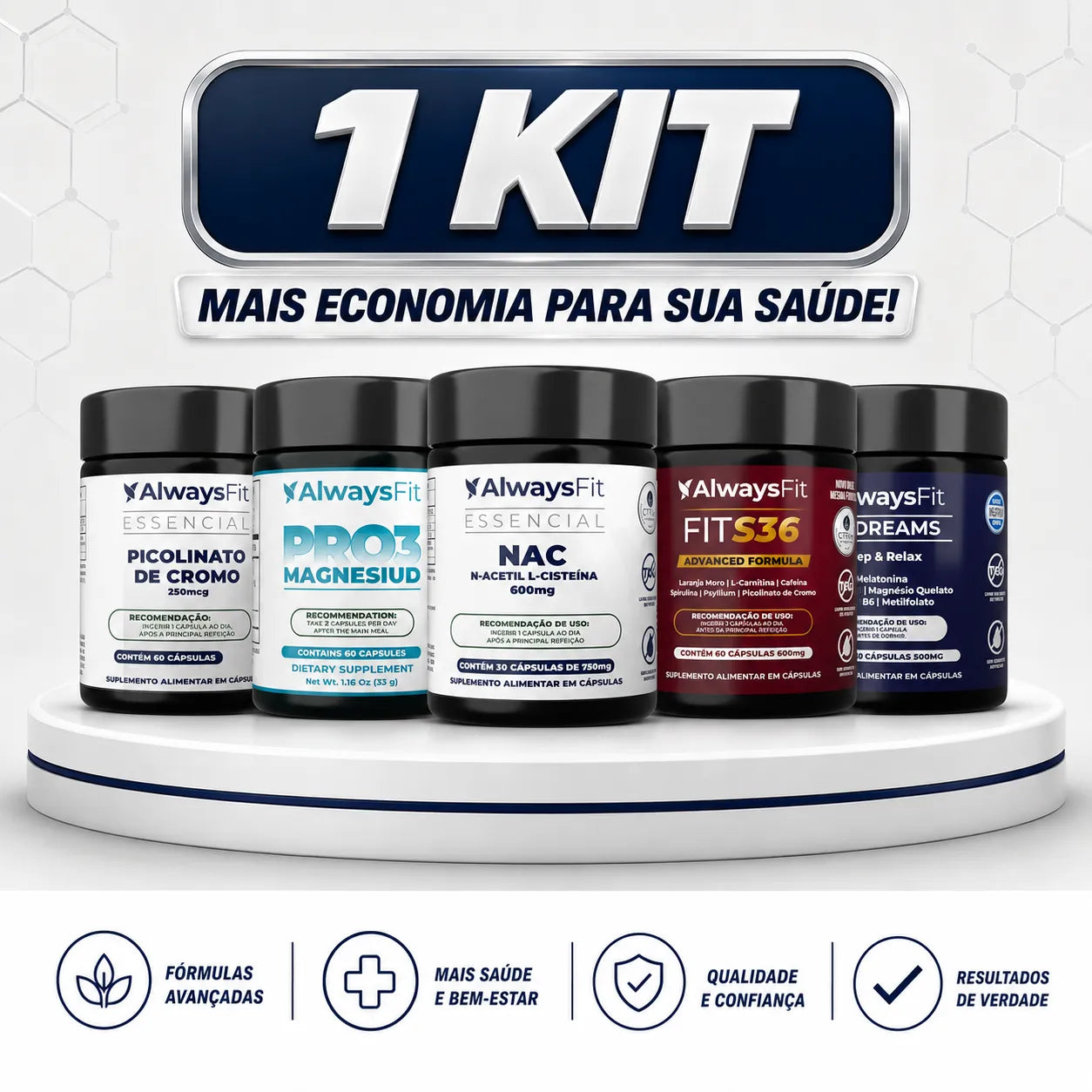 Kit 3 -  NAC + PRO3 Magnésio + Fit S36 + Picolinato de Cromo + Fit Dreams